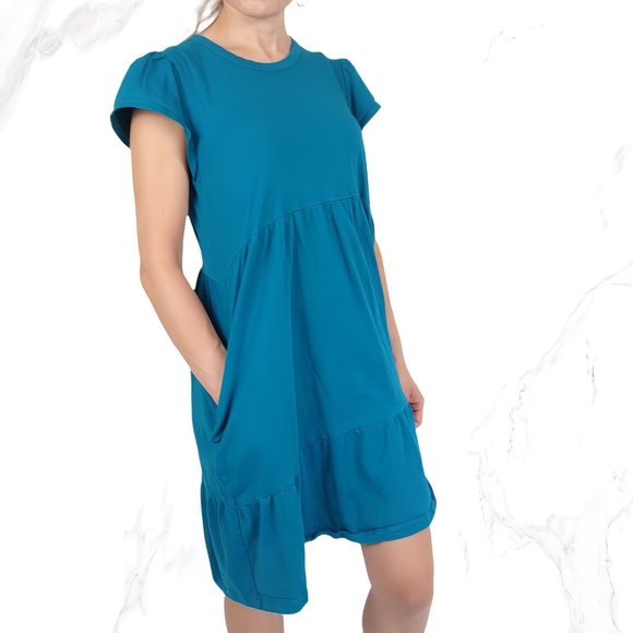 Time and Tru Short Sleeve Tiered Dress Pockets S A-Line Mini-Length Blue/Teal - Picture 2 of 6